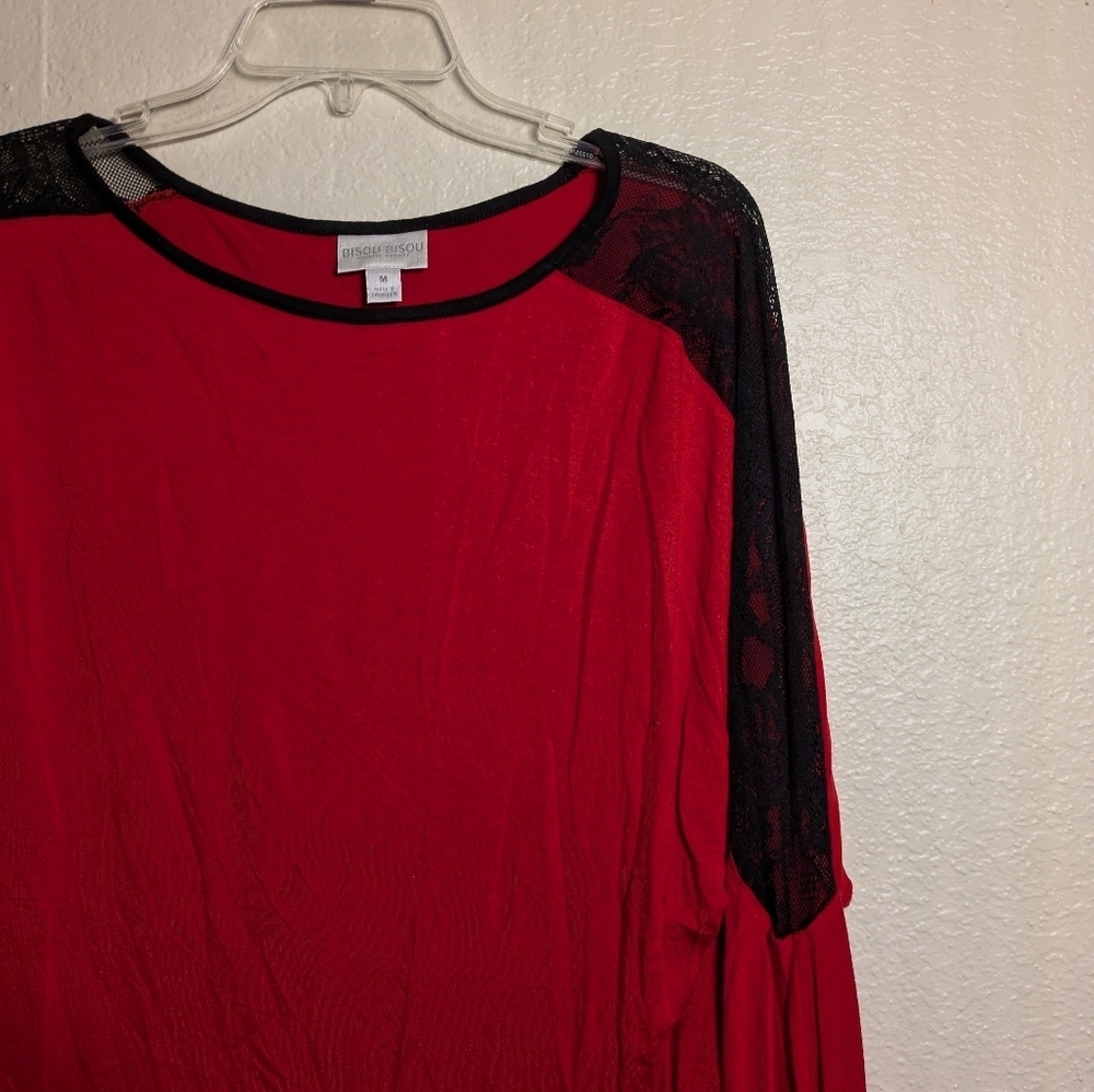 Bisou Bisou Women's Red Lace Sleeve Top Size Medium - Picture 3 of 5